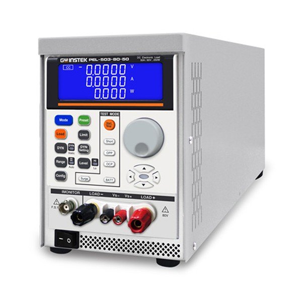 GWINSTEK PEL-500 - 파란 LCD와 키패드, 입력 단자가 있는 전자부하 사선 모습