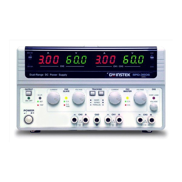 GWINSTEK SPD-3606 - 네 개의 표시창과 출력 단자가 보이는 전원공급기 정면