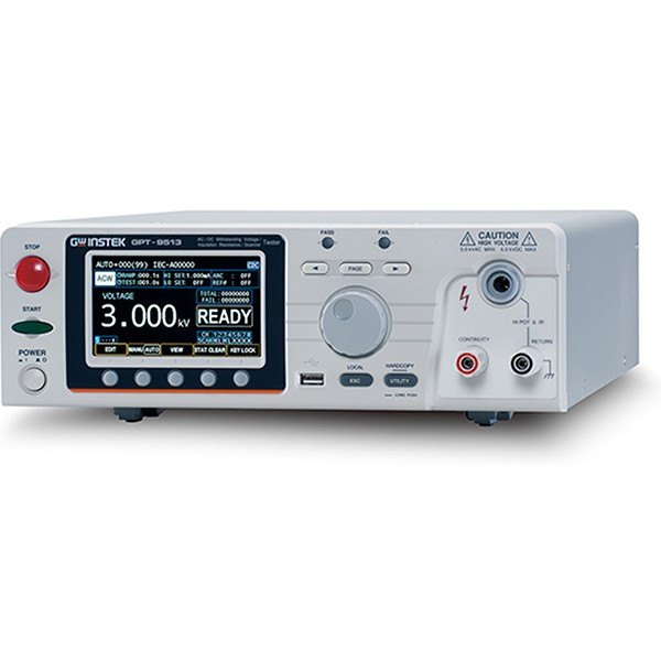 GWINSTEK GPT-9500 시리즈 - 컬러 화면과 다이얼, 시험 단자가 있는 내전압 시험기 사선 모습