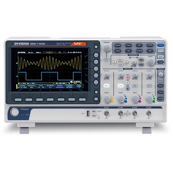 GWINSTEK GDS-1102B 시리즈 - 파형 화면과 조작 노브가 있는 오실로스코프 정면