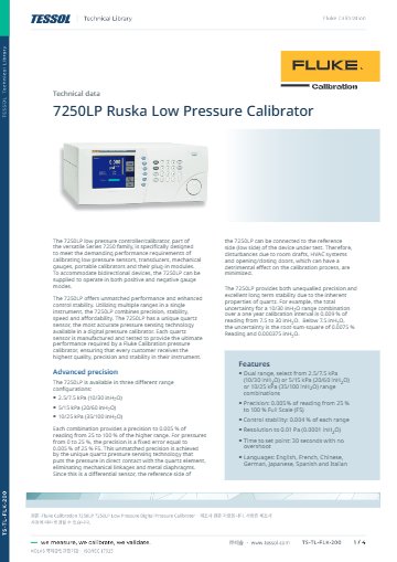 7250LP Low Pressure Digital Pressure Calibrator 데이터시트(영문)